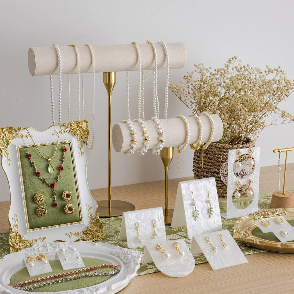 Vintage Green Velvet Jewelry Stand - Ornate Gold-Plated Necklace Tree with Ring Tray Gift Set