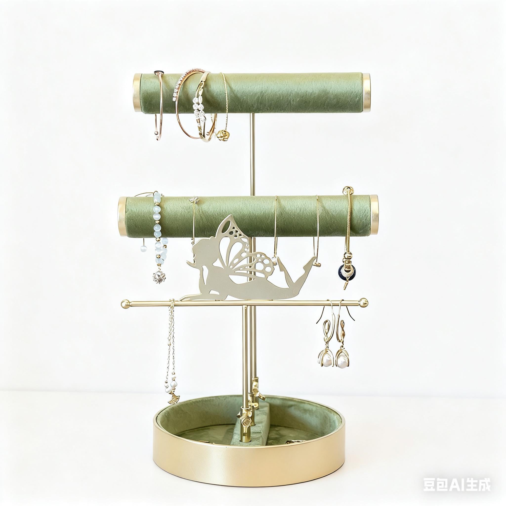 Gold & Green Velvet Jewelry Stand: Baroque Fairy Design Organizer,Necklace Earring Holder Gift