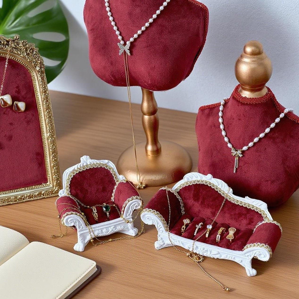 Red Velvet Necklace Holder with Mini Sofa Ring Trays: Baroque Jewelry Organizer