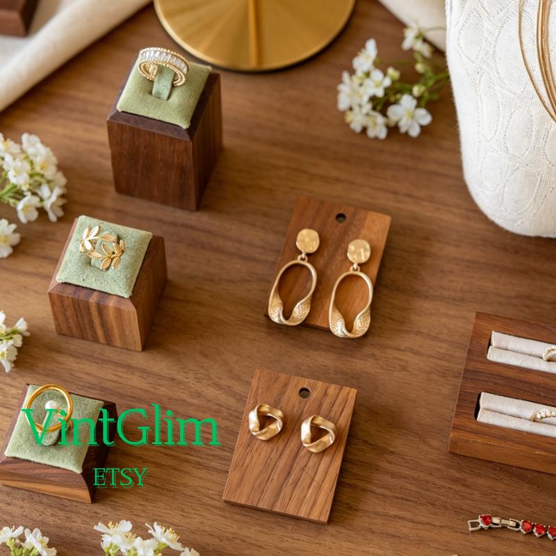Wood & Velvet Jewelry Display Set, Linen Bust Ring Holders, Mannequin Display