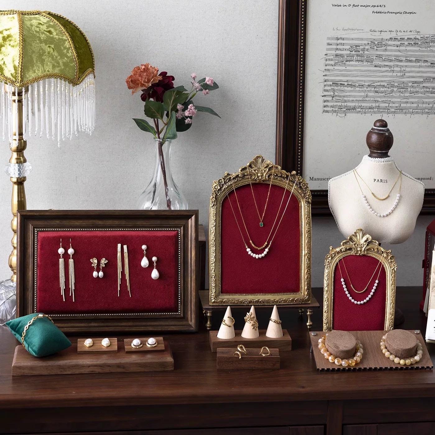Burgundy Velvet Jewelry Display Set: Baroque Necklace, Ring & Earring Holder