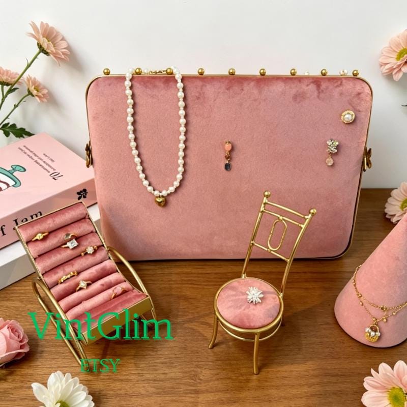 Velvet Jewelry Display Stand Set, Pink Gold Elegant Organizer for Rings Necklaces Earrings