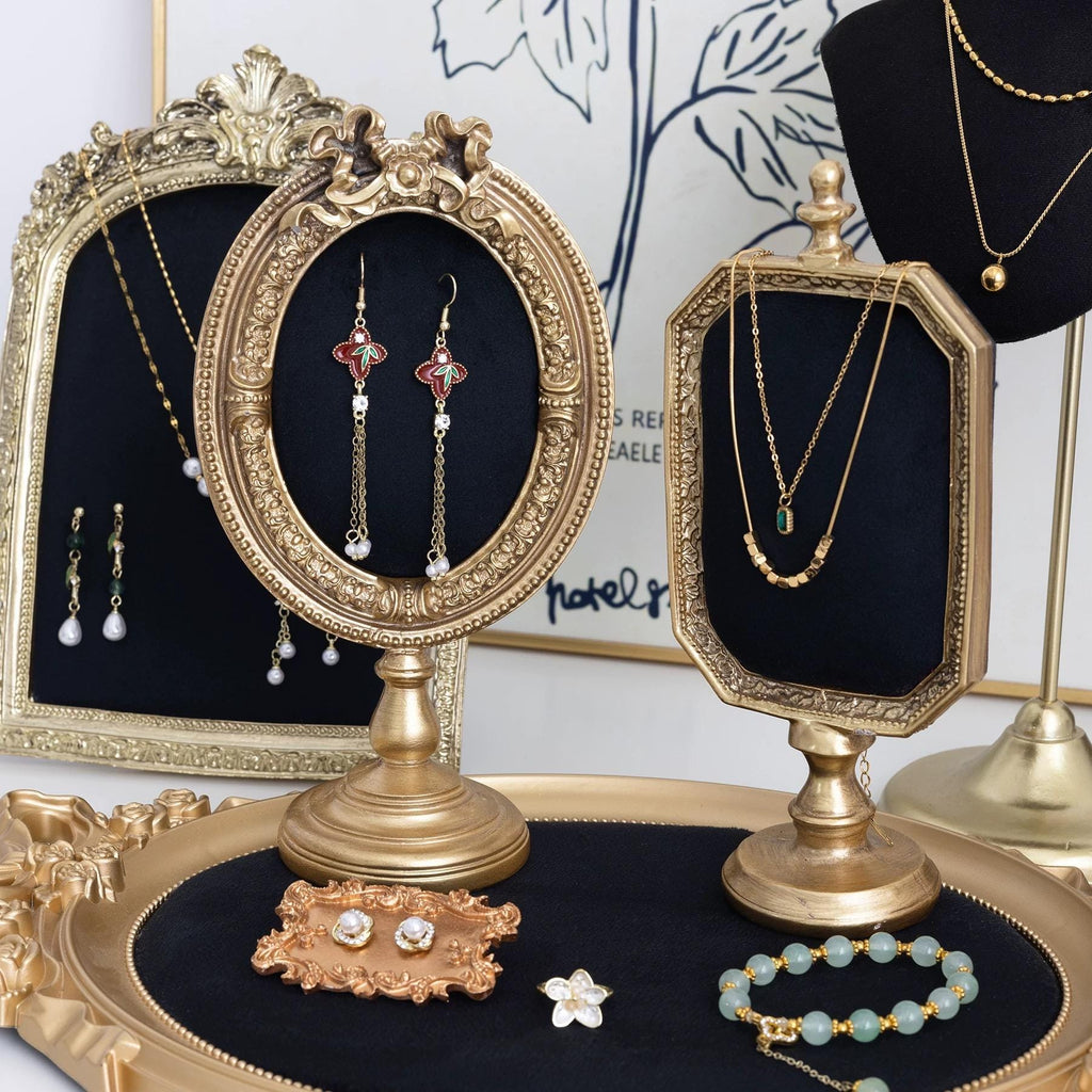Baroque Gold Jewelry Stand Set: Necklace & Earring Display Tray, Classic Ebony, Home Decor Gift