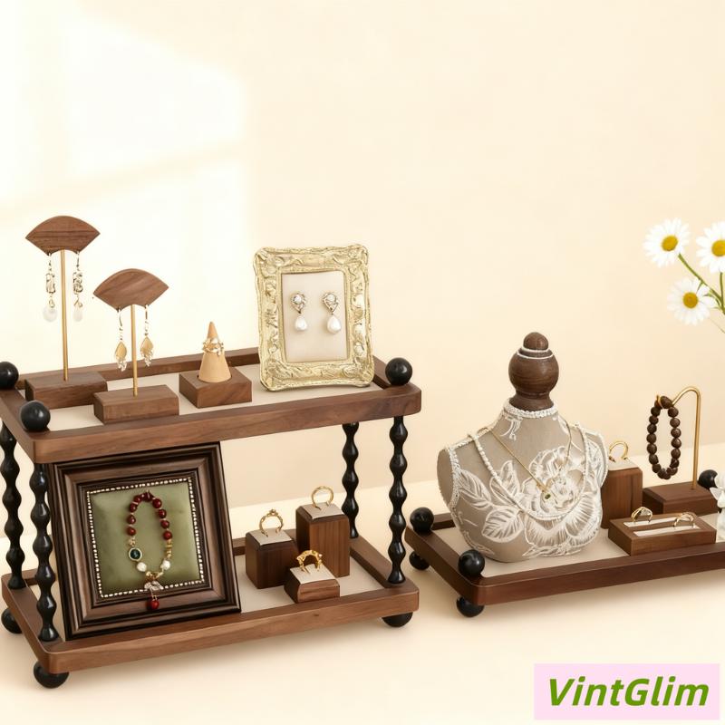 Handmade Baroque Walnut Jewelry Holder, High-End Necklace Ring Display, Elegant Home Decor