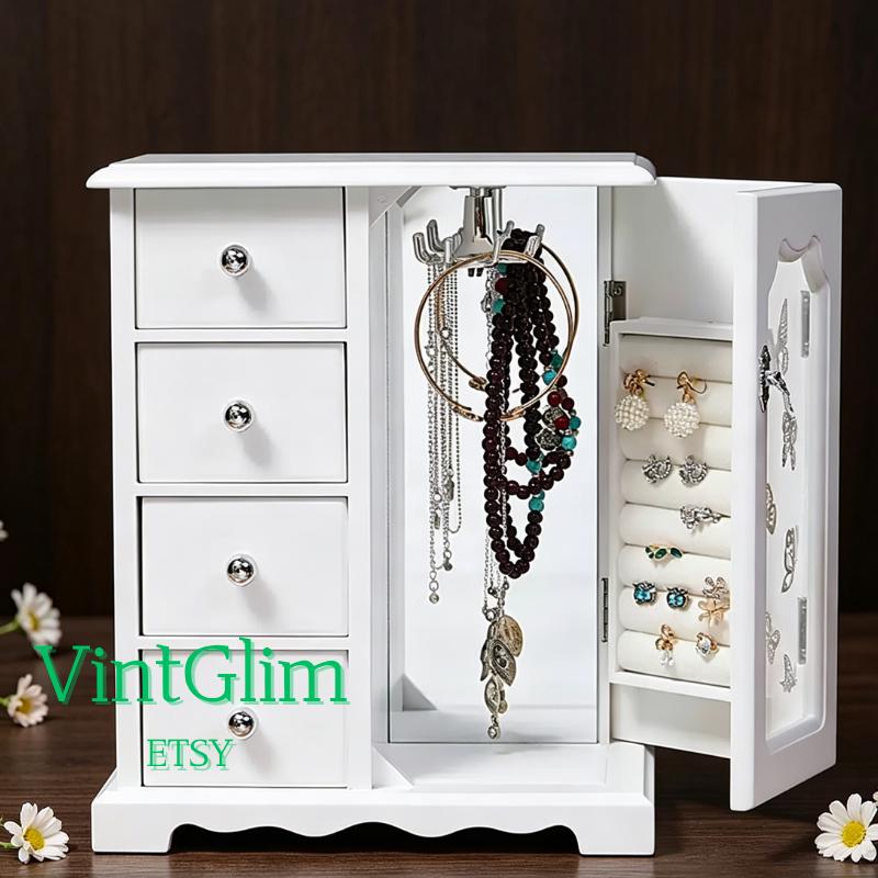 White Wooden Jewelry Box with 4 Drawers, Rotating Hooks for Necklaces & Earrings,With Mirror