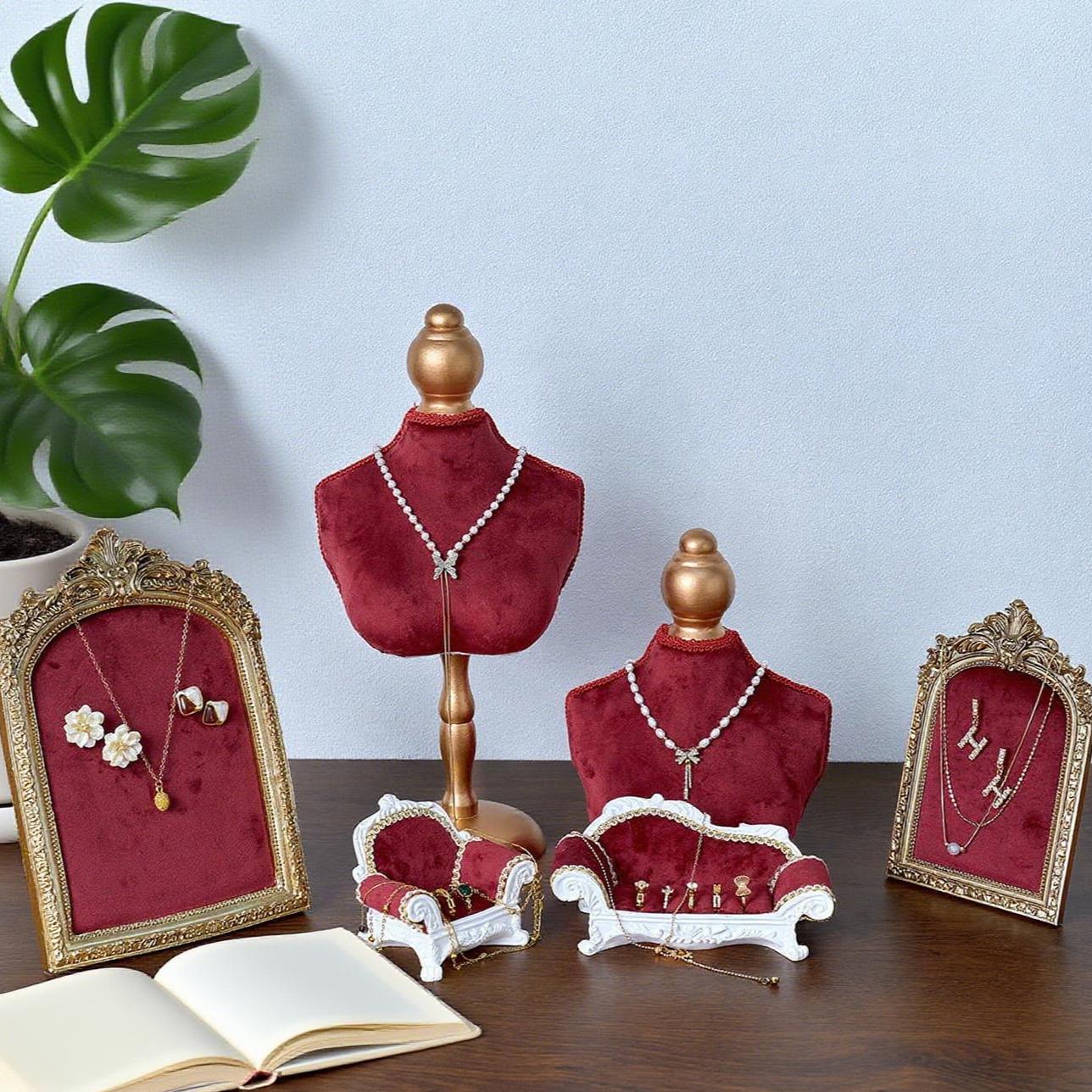 Red Velvet Necklace Holder with Mini Sofa Ring Trays: Baroque Jewelry Organizer