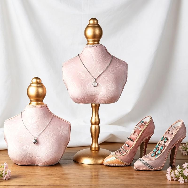 Pink Mannequin Bust Necklace Display Set, Velvet Jewelry Stand for Retail Jewelry Shop Business