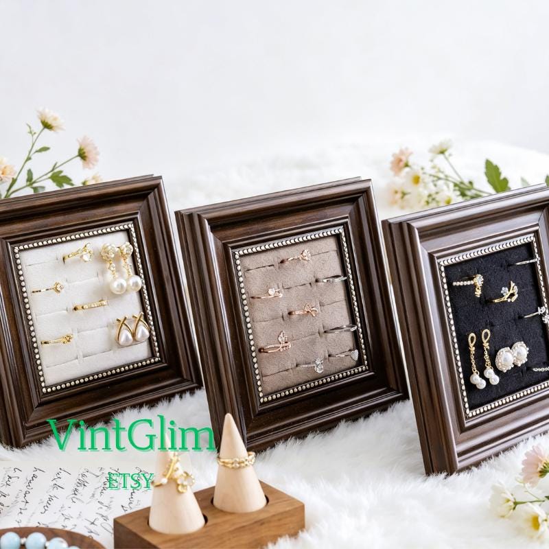Velvet Lined Wood Frame Jewelry Display Stand, Ring Earring Holder, Desktop Organizer