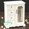 White Wooden Jewelry Box with 4 Drawers, Rotating Hooks for Necklaces & Earrings,With Mirror
