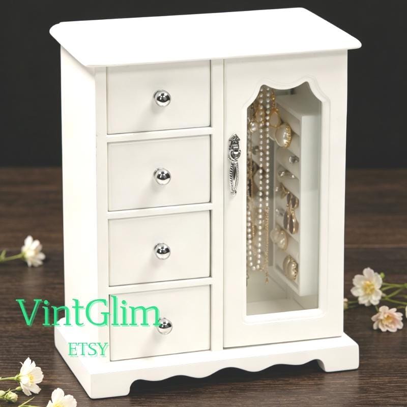 White Wooden Jewelry Box with 4 Drawers, Rotating Hooks for Necklaces & Earrings,With Mirror