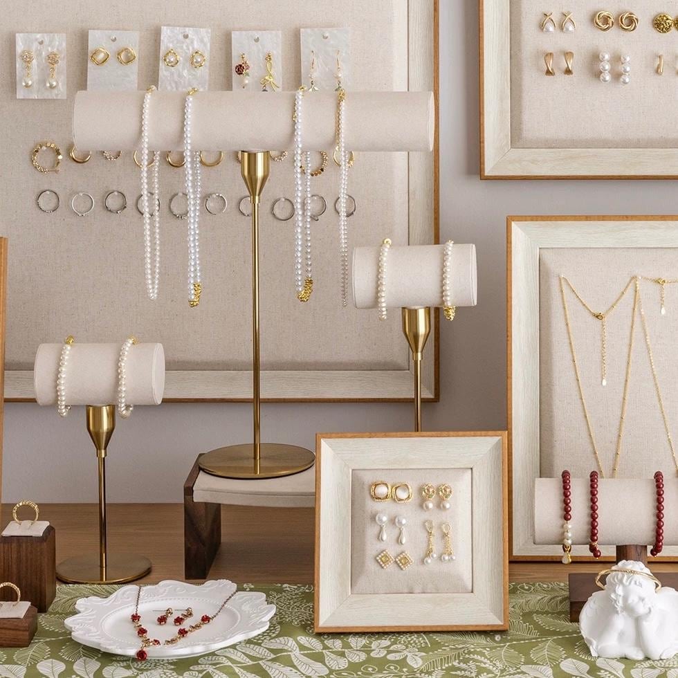 Baroque Jewelry Holder Set: Gold Linen Necklace & Bracelet Organizer