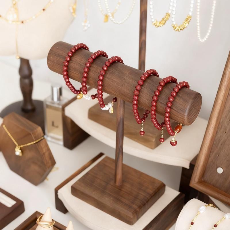 Baroque Wooden Jewelry Holder Set: Walnut Vanity Display, Bust Necklace Holder, Earring Stand