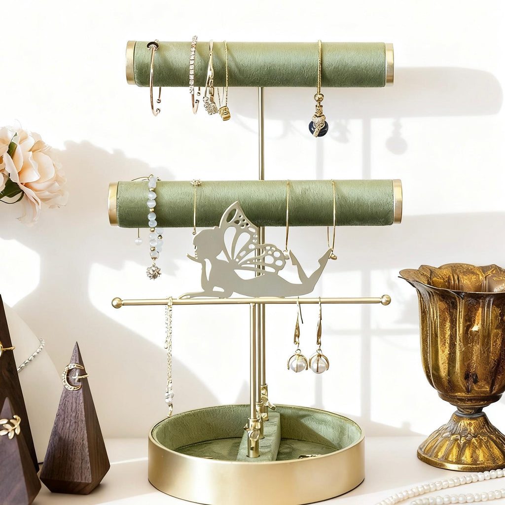 Gold & Green Velvet Jewelry Stand: Baroque Fairy Design Organizer,Necklace Earring Holder Gift