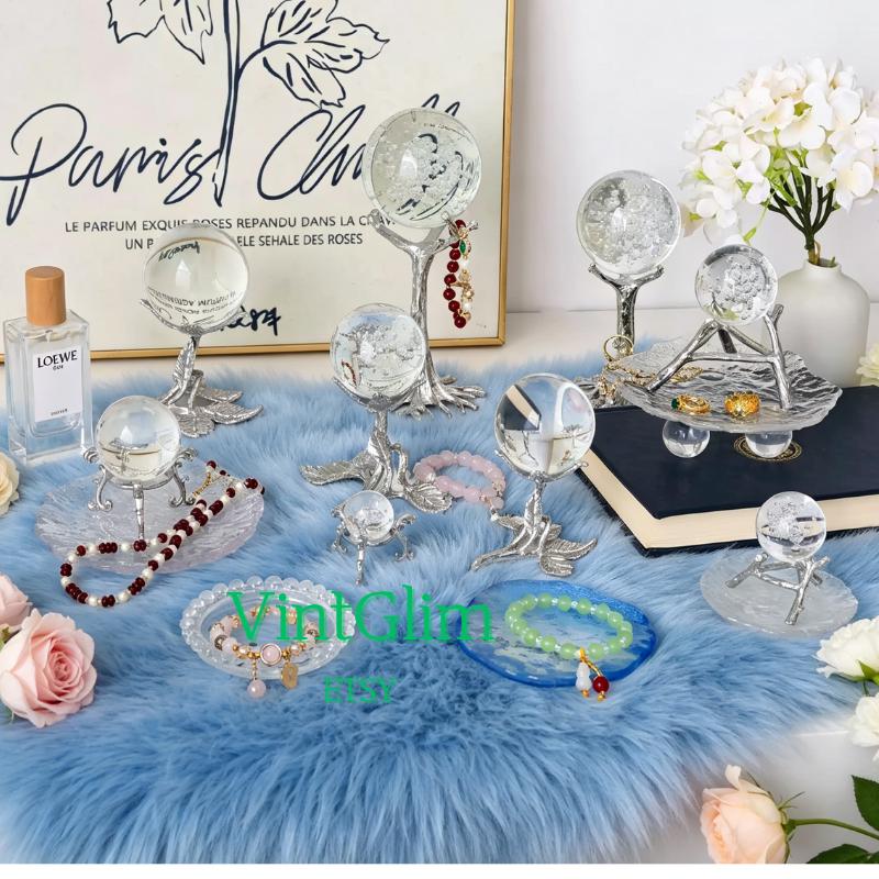 Silver Crystal Ball Display Stand, Metal Sphere Holder & Jewelry Organizer for Home Decor