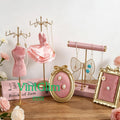 Velvet Jewelry Display Stand Set, Pink Gold Elegant Organizer for Rings Necklaces Earrings