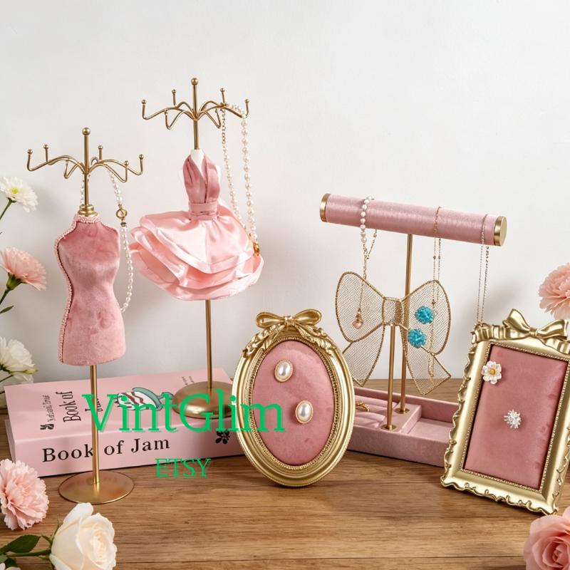 Velvet Jewelry Display Stand Set, Pink Gold Elegant Organizer for Rings Necklaces Earrings
