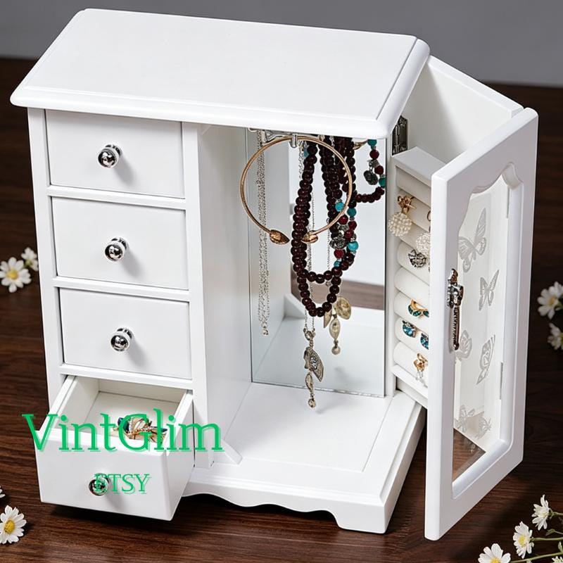 White Wooden Jewelry Box with 4 Drawers, Rotating Hooks for Necklaces & Earrings,With Mirror