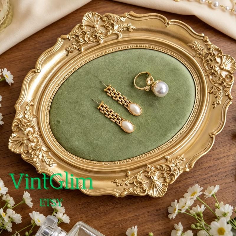Ornate Gold Jewelry Tray, Velvet Lined Display for Earrings & Rings