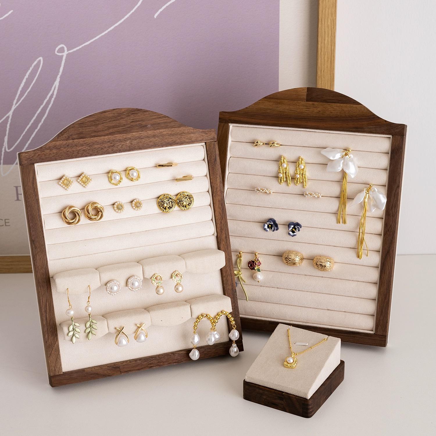 Walnut Wood Jewelry Holder Stand: Velvet Lined Ring, Necklace & Earring Display