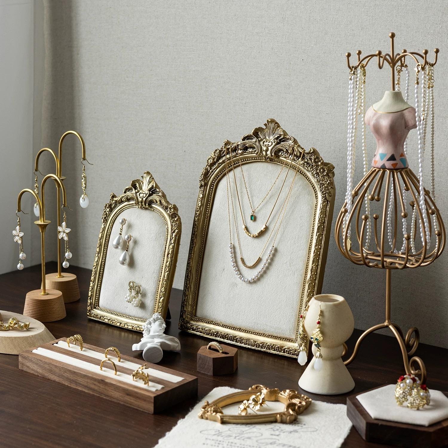 Baroque Velvet Jewelry Display Stand: Necklace & Ring Holder, Ivory or Burgundy