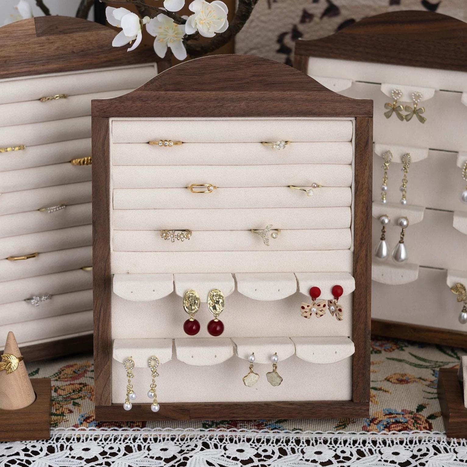 Walnut Wood Jewelry Organizer: Velvet Ring, Earring, Necklace Holder