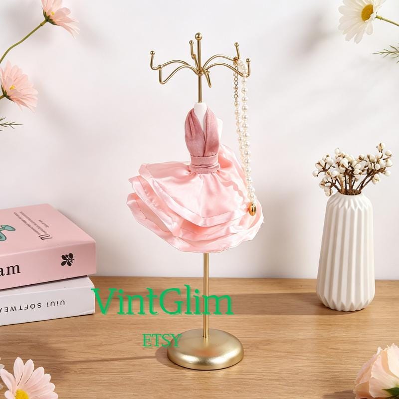 Velvet Jewelry Display Stand Set, Pink Gold Elegant Organizer for Rings Necklaces Earrings