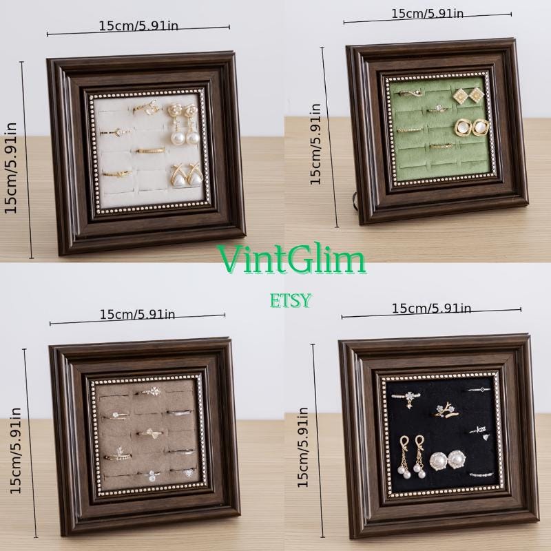 Velvet Lined Wood Frame Jewelry Display Stand, Ring Earring Holder, Desktop Organizer