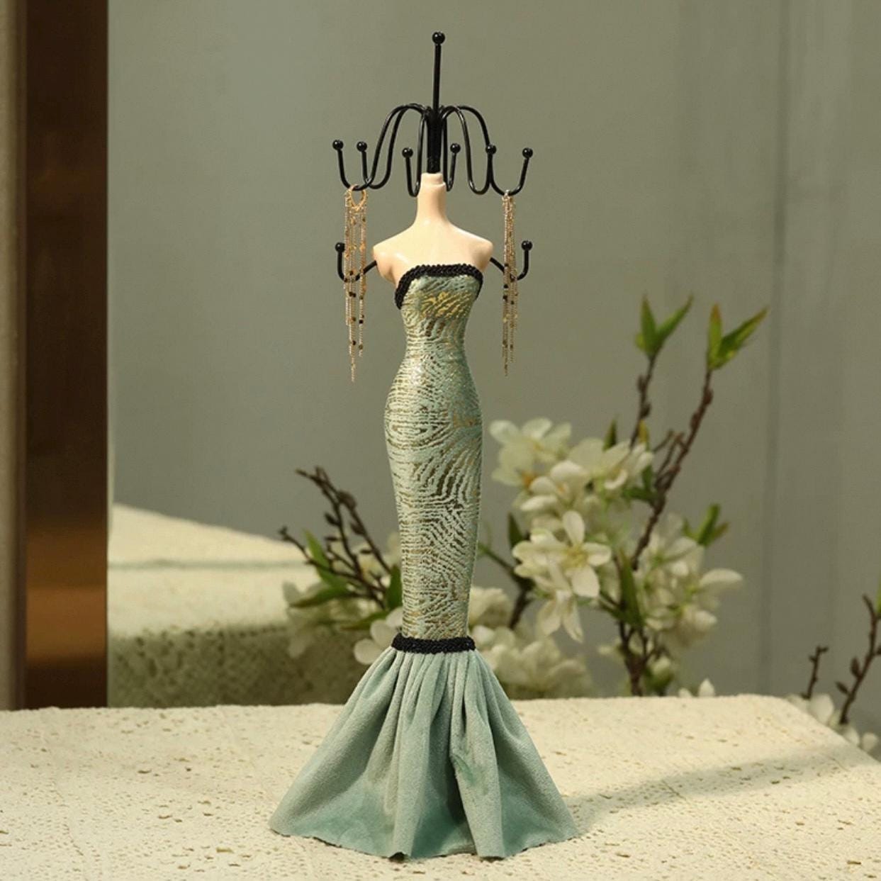 Teal Velvet Jewelry Holder Set: Mannequin, Ring Stand, Chaise Lounge