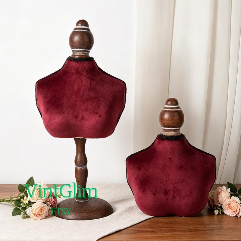 Velvet Bust Necklace Display, Wooden Base Jewelry Mannequin Stand for Photoshoot & Retail, Home Decor