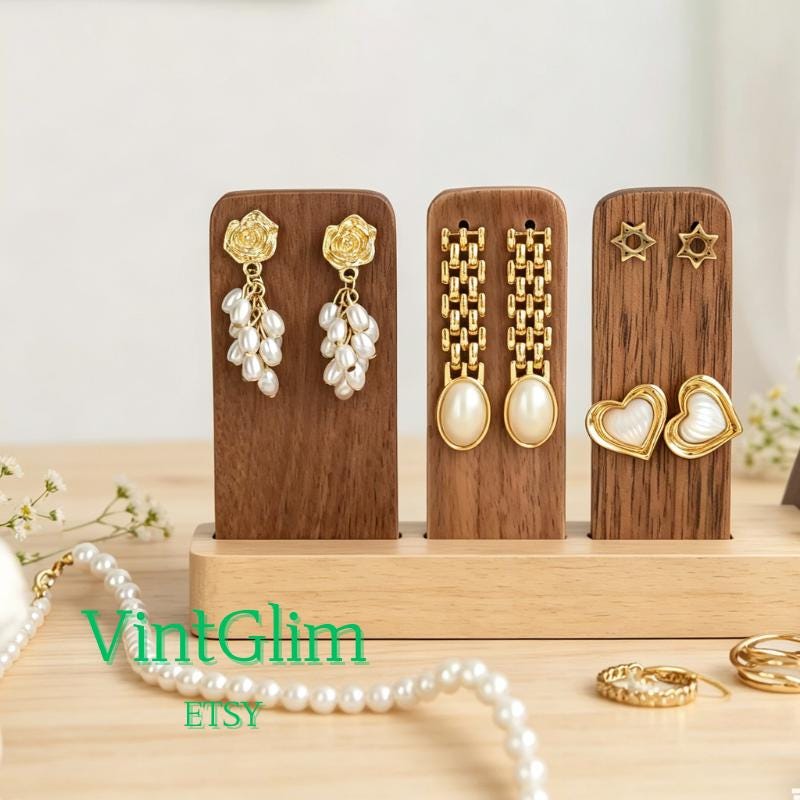 Walnut Wood Earring Display Stand, T-Bar Jewelry Holder for Retail