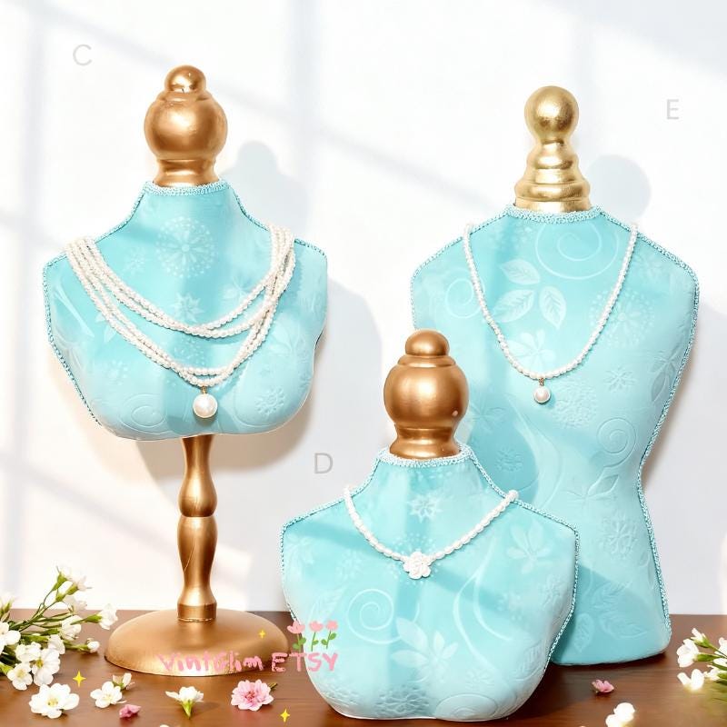 Velvet Baroque Necklace Bust Stand: Teal & Gold Jewelry Display