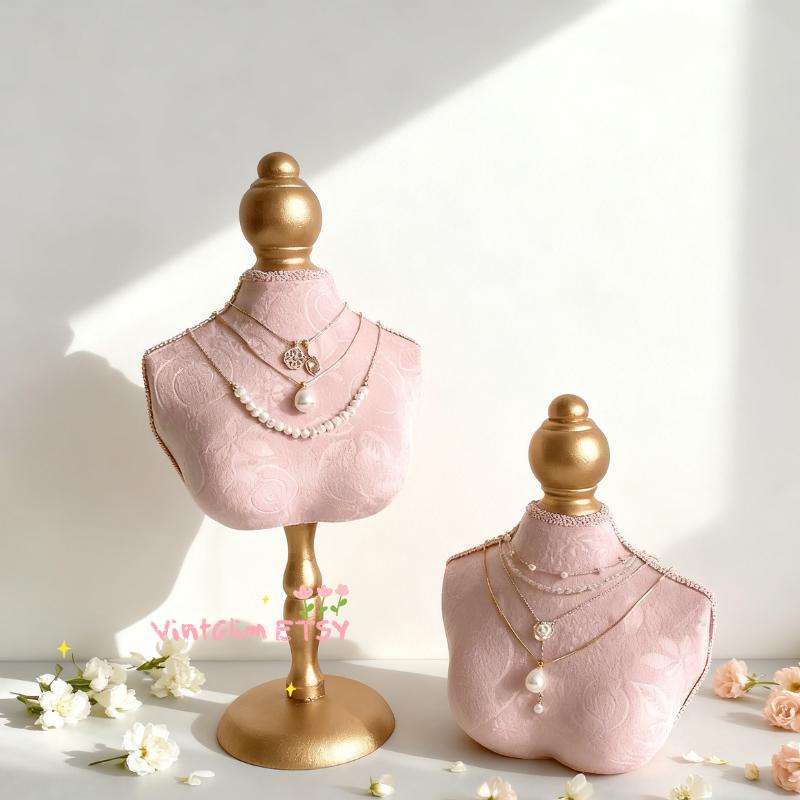Vintage Rose Print Jewelry Bust Stand: Baroque Necklace Ring Holder