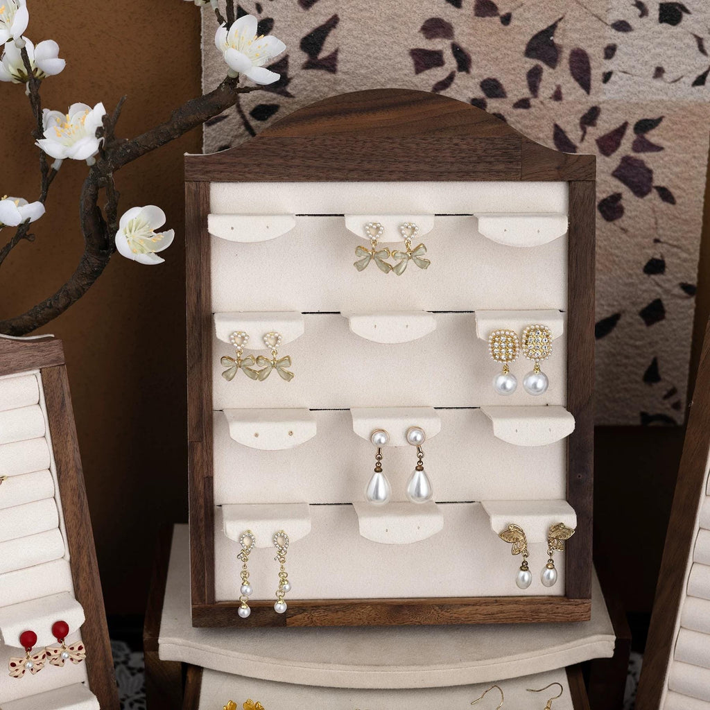 Walnut Wood Jewelry Organizer: Velvet Ring, Earring, Necklace Holder