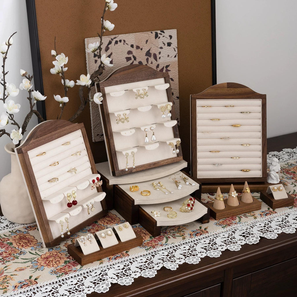 Walnut Wood Jewelry Organizer: Velvet Ring, Earring, Necklace Holder