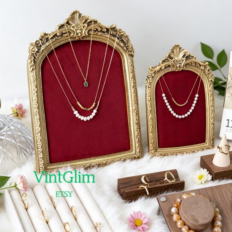 Red Velvet Jewelry Display Frame, Pinboard, Ornate Gold Baroque, Dark Wood Stand