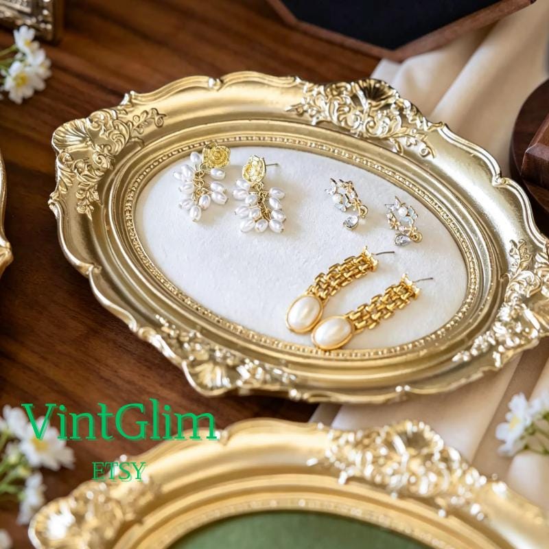 Ornate Gold Jewelry Tray, Velvet Lined Display for Earrings & Rings