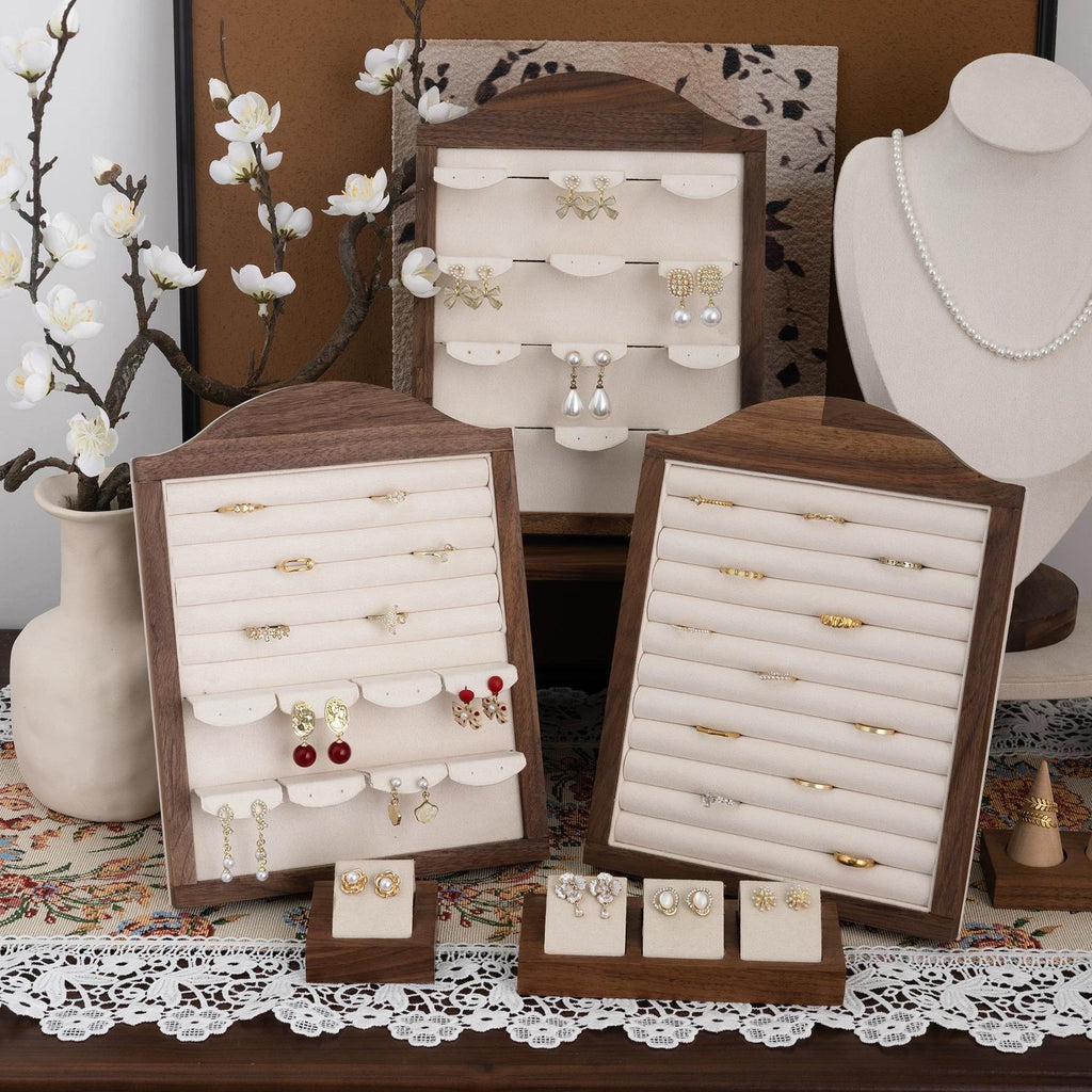 Walnut Wood Jewelry Organizer: Velvet Ring, Earring, Necklace Holder