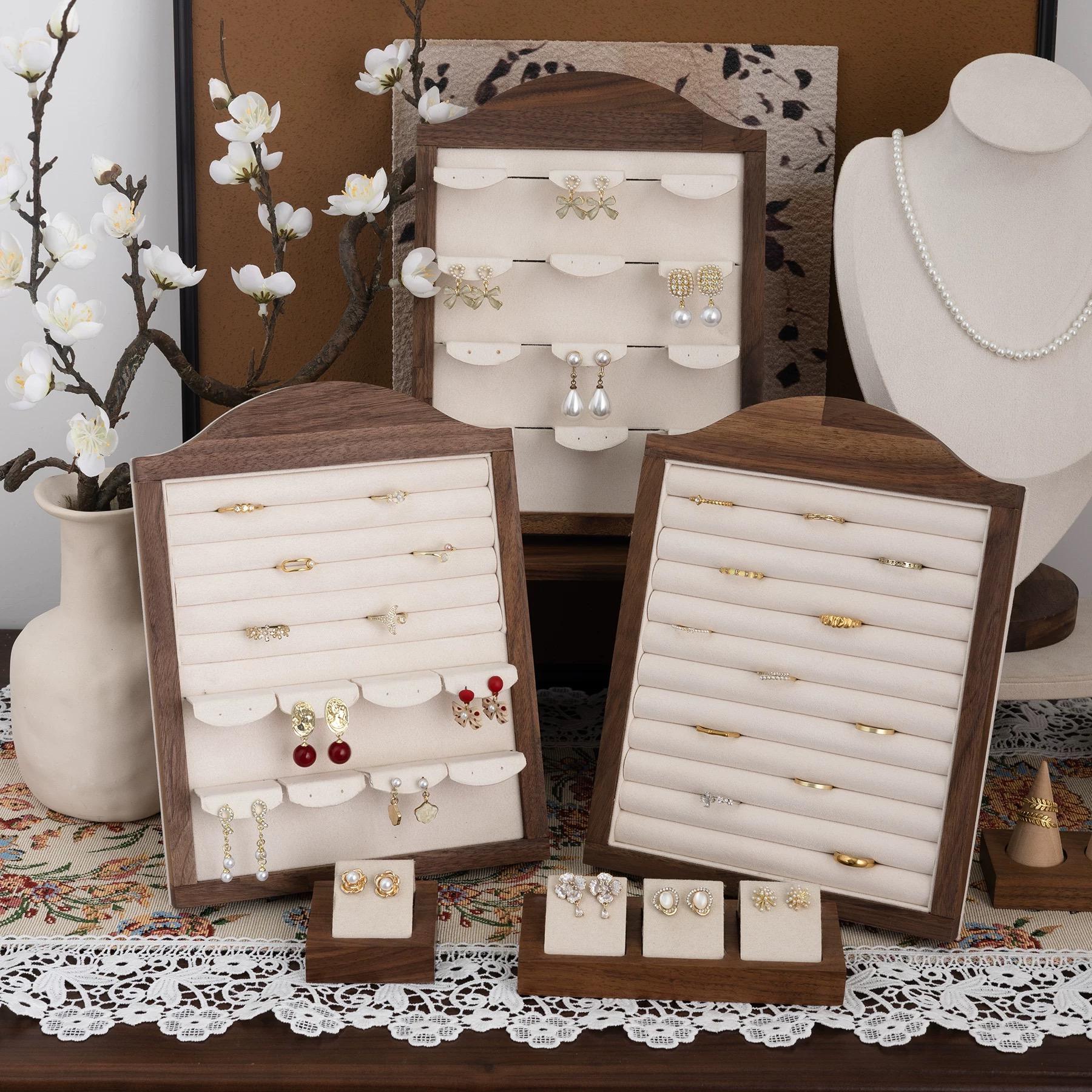 Walnut Wood Jewelry Organizer: Velvet Ring, Earring, Necklace Holder