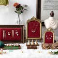 Red Velvet Jewelry Display Frame, Pinboard, Ornate Gold Baroque, Dark Wood Stand