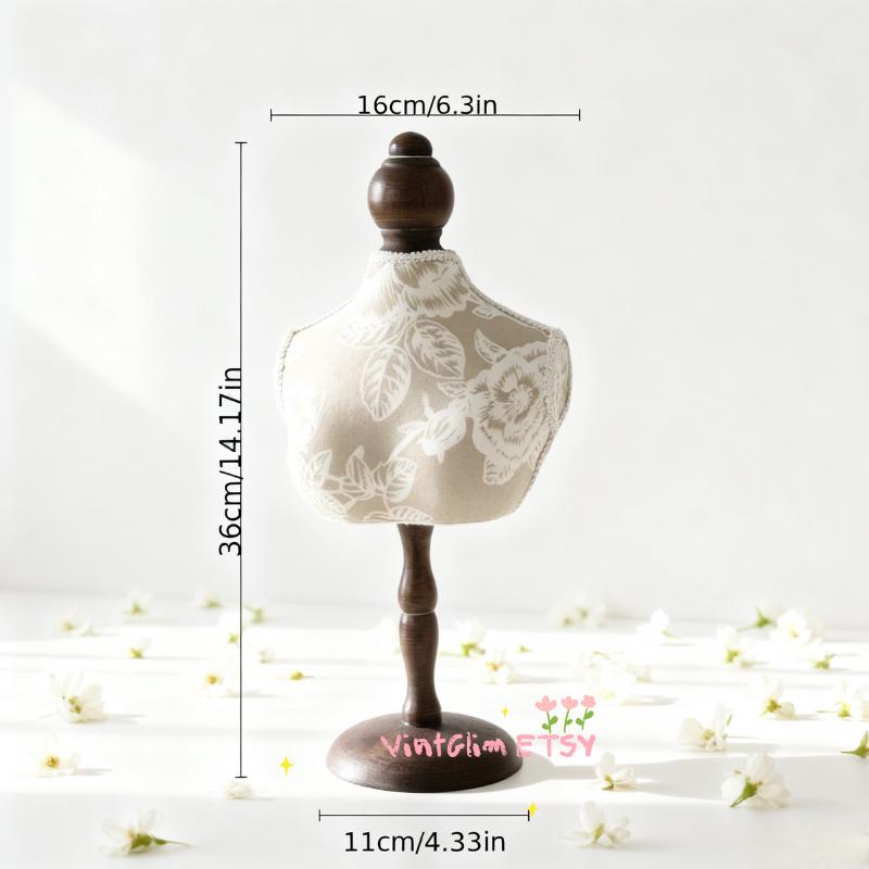 Vintage Rose Print Jewelry Bust Stand: Baroque Necklace Ring Holder