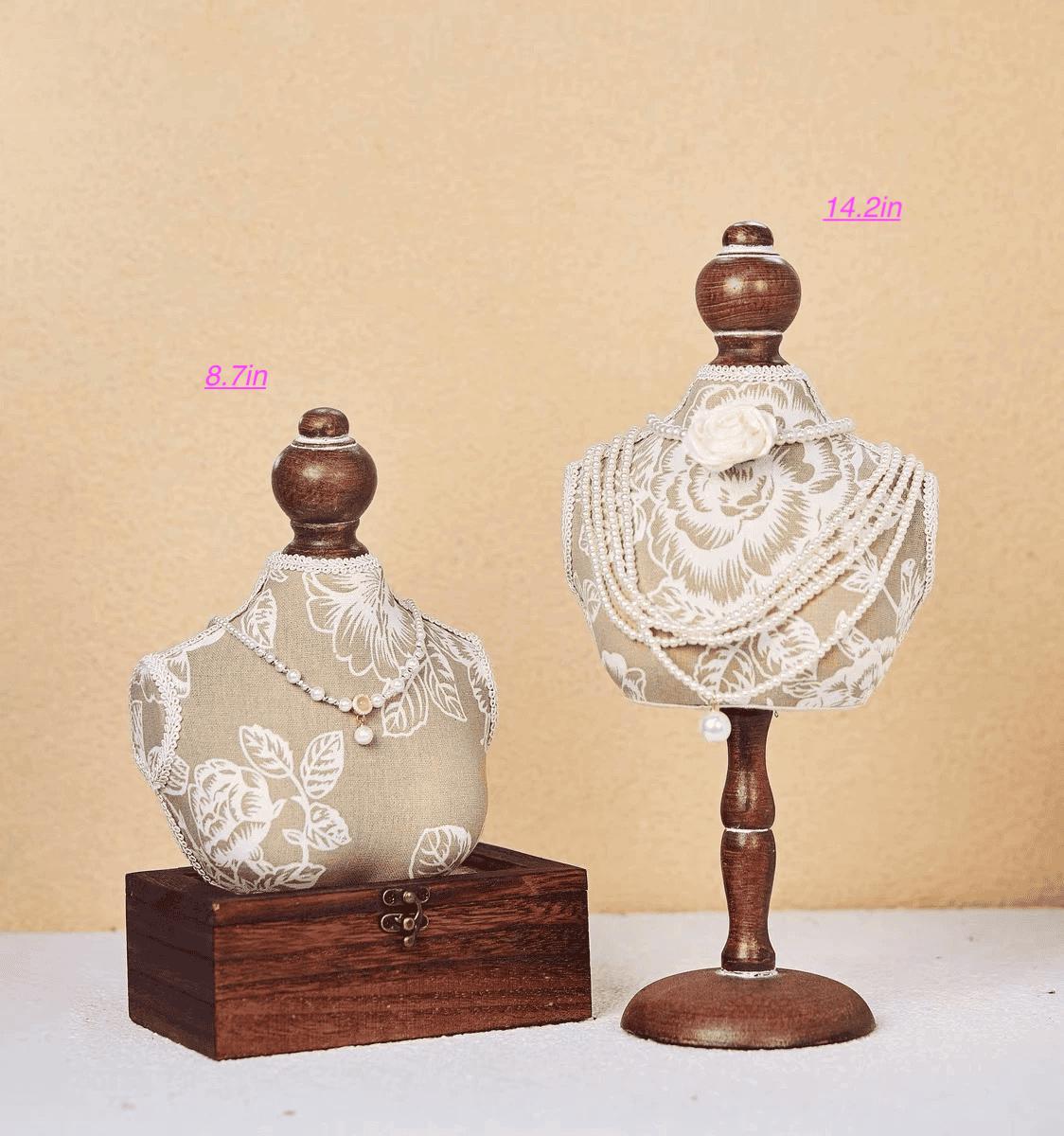 Baroque Wooden Jewelry Holder Set: Walnut Vanity Display, Bust Necklace Holder, Earring Stand