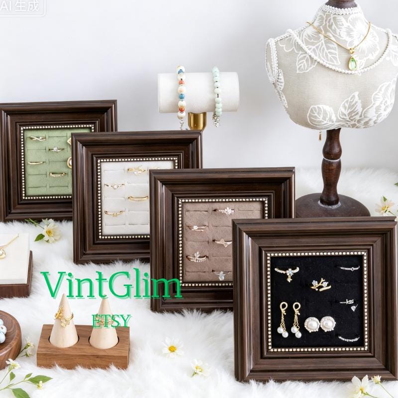 Velvet Lined Wood Frame Jewelry Display Stand, Ring Earring Holder, Desktop Organizer