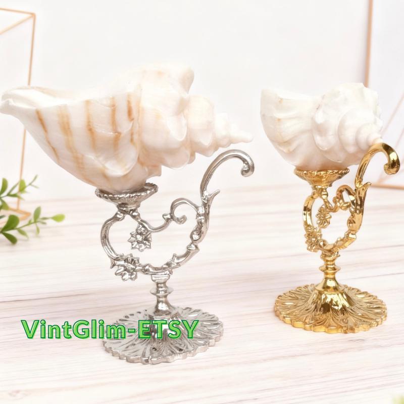 Handmade Conch Shell Cup with Metal Stand: Coastal Home Decor