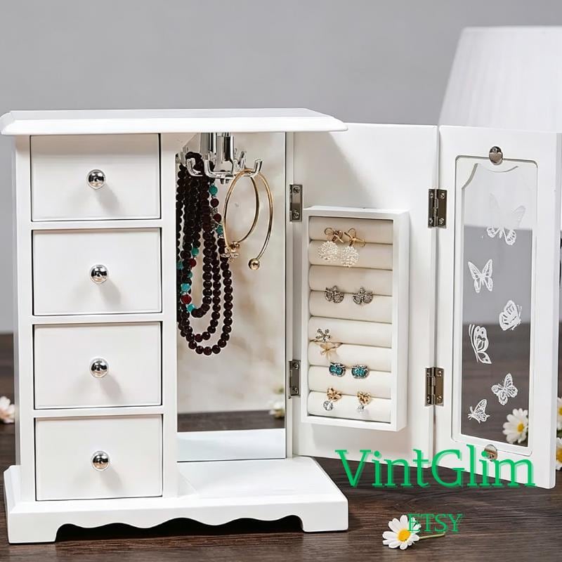 White Wooden Jewelry Box with 4 Drawers, Rotating Hooks for Necklaces & Earrings,With Mirror