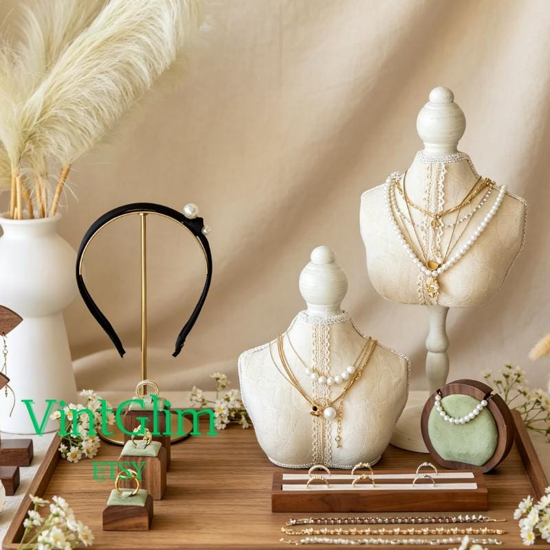 Wood & Velvet Jewelry Display Set, Linen Bust Ring Holders, Mannequin Display