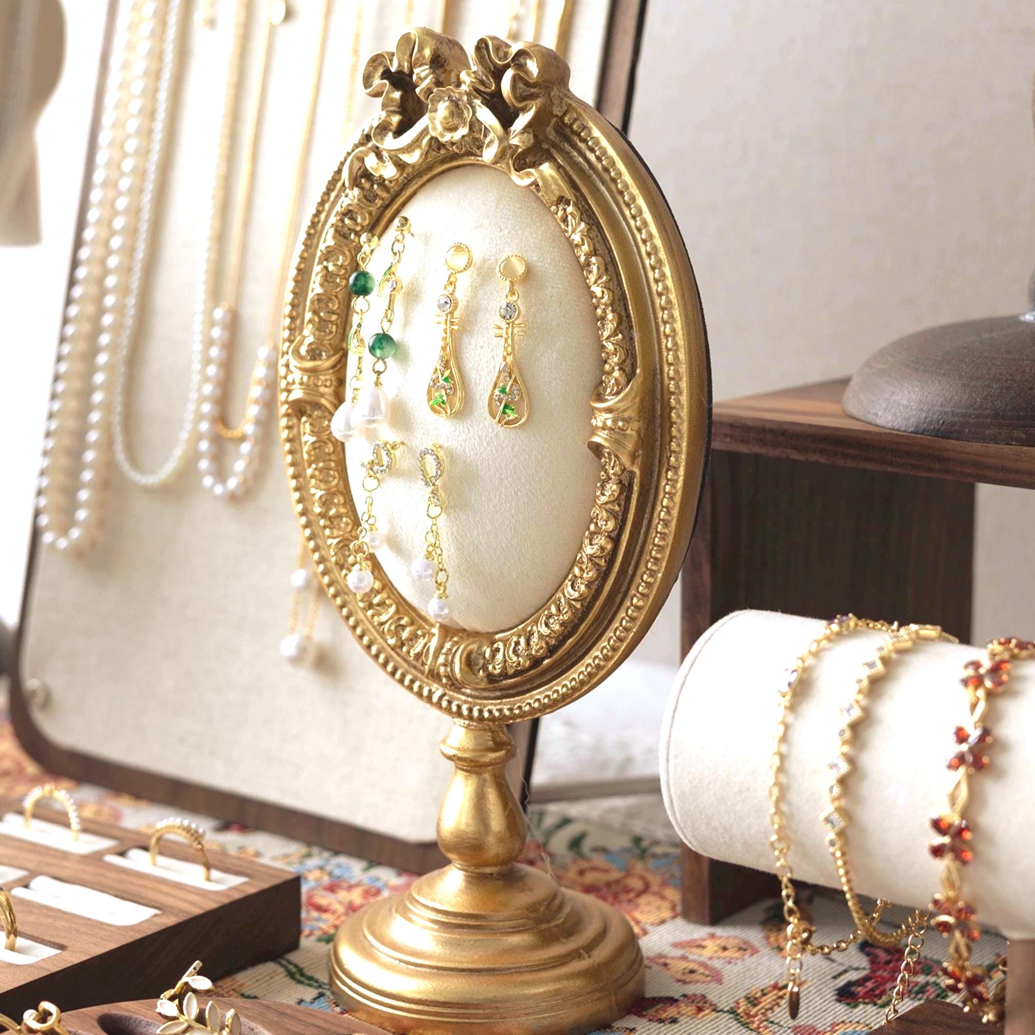 Baroque Jewelry Display Set: Walnut Ring Holder & Linen Necklace Stand
