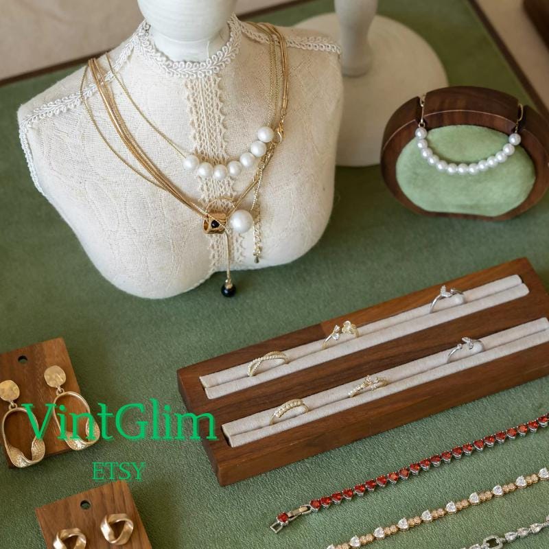Wood & Velvet Jewelry Display Set, Linen Bust Ring Holders, Mannequin Display
