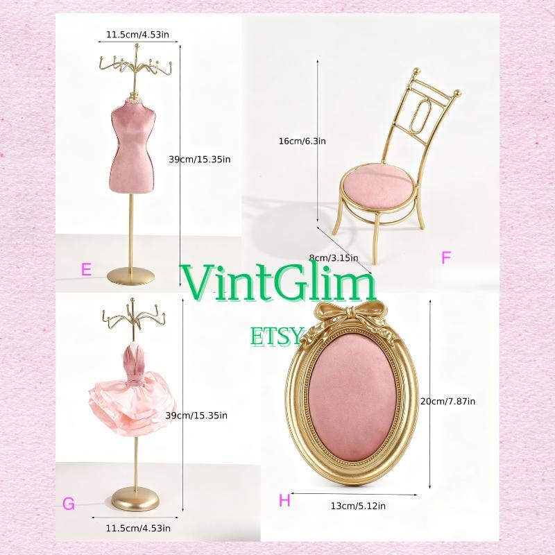 Velvet Jewelry Display Stand Set, Pink Gold Elegant Organizer for Rings Necklaces Earrings