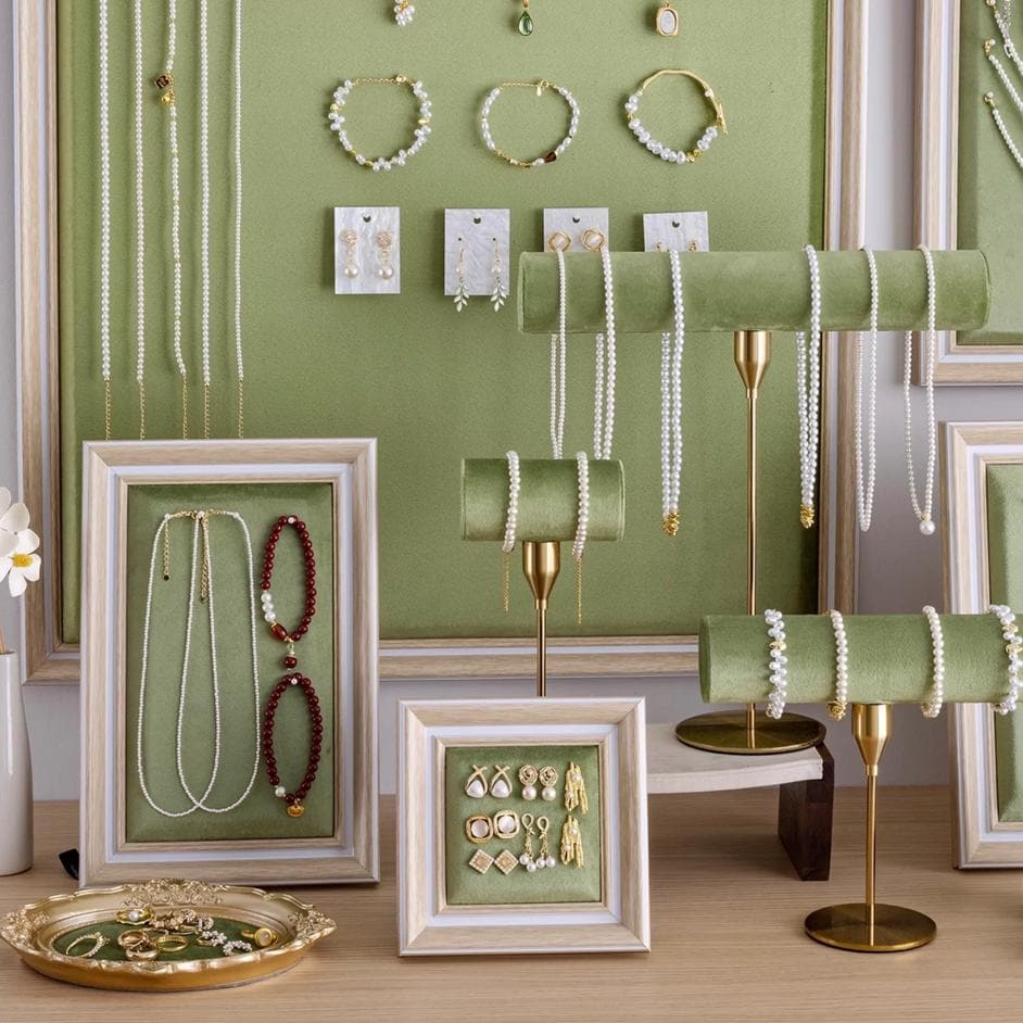 Baroque Green Velvet Jewelry Display Necklace/Earring/Bracelet Holder, Gold T-Bar Organizer,Home Decor