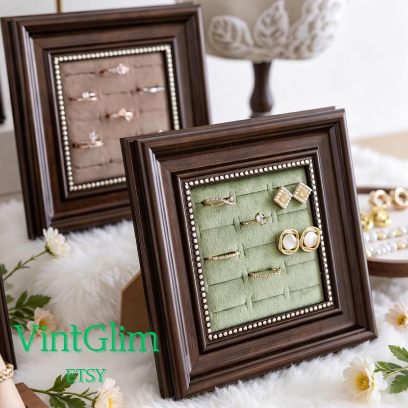 Velvet Lined Wood Frame Jewelry Display Stand, Ring Earring Holder, Desktop Organizer